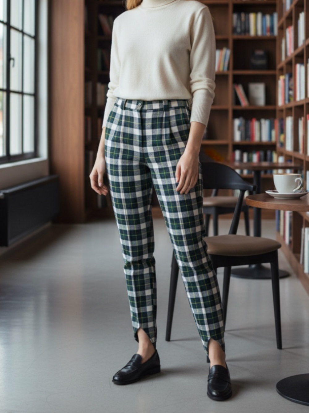Vintage Express Women's Green Navy Plaid Stretch Stirrup Pants 80s 7/8 Long